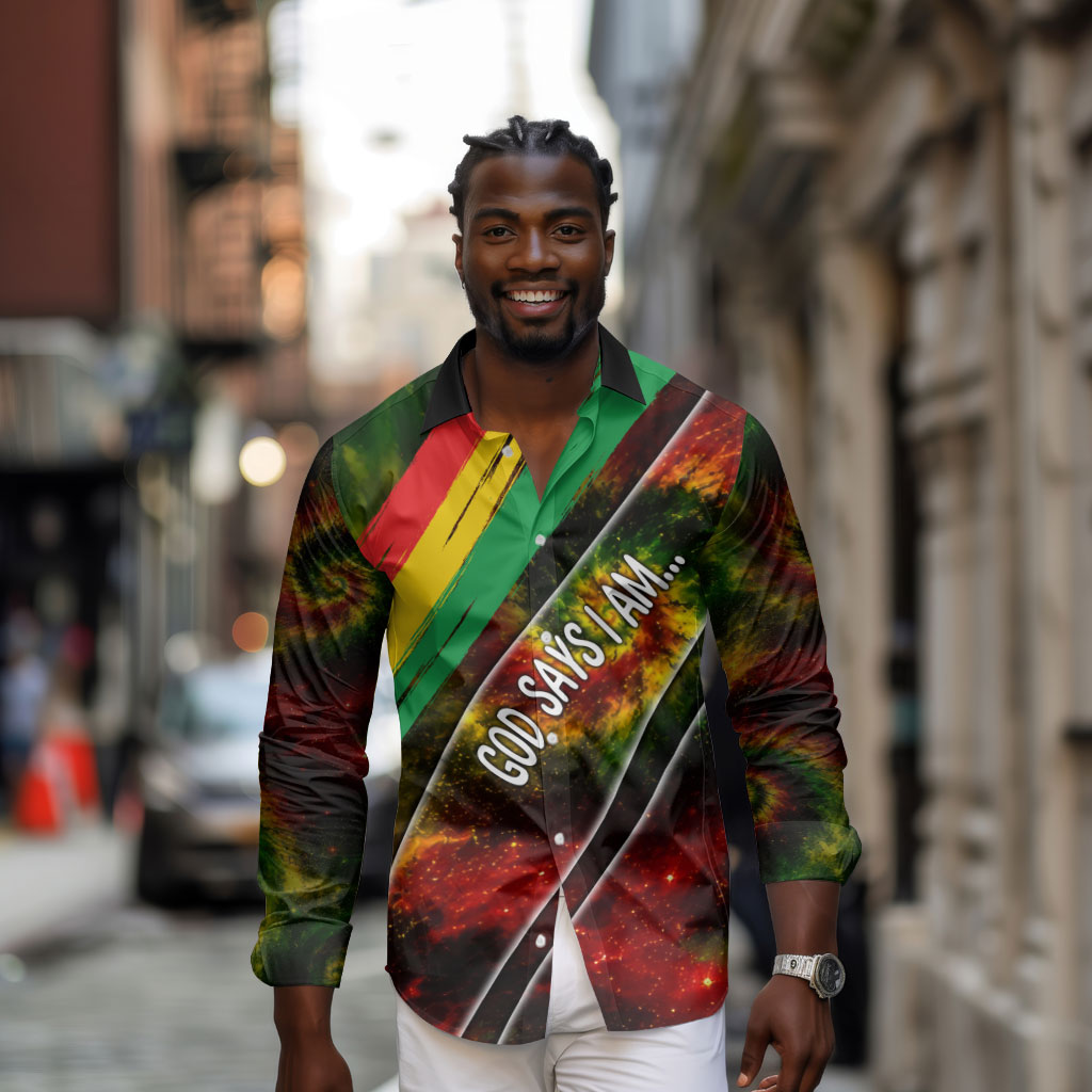 Juneteenth God Says I Am Christian Freedom Long Sleeve Button Shirt Pan African Flag Colors Tie Dye Galaxy
