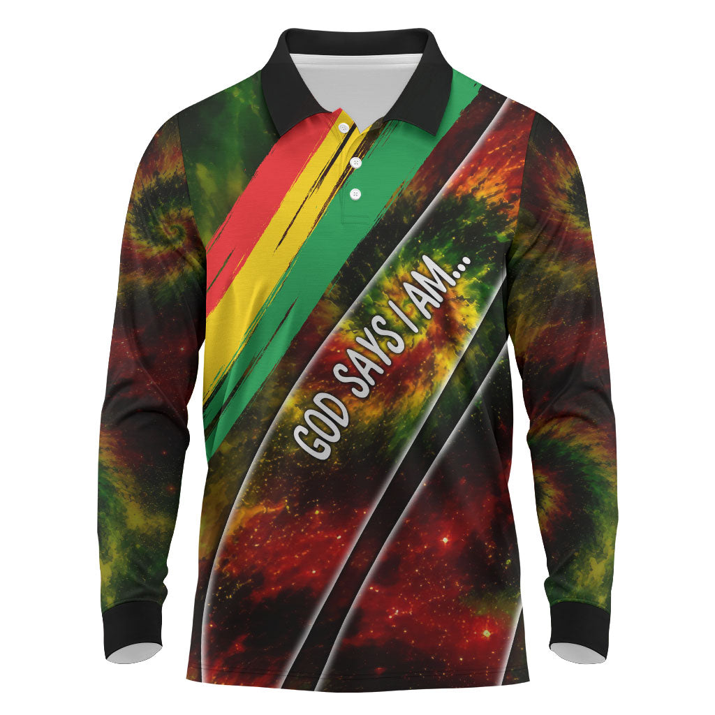 Juneteenth God Says I Am Christian Freedom Long Sleeve Polo Shirt Pan African Flag Colors Tie Dye Galaxy