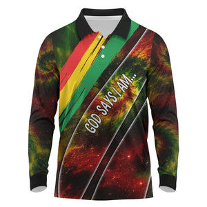 Juneteenth God Says I Am Christian Freedom Long Sleeve Polo Shirt Pan African Flag Colors Tie Dye Galaxy