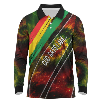 Juneteenth God Says I Am Christian Freedom Long Sleeve Polo Shirt Pan African Flag Colors Tie Dye Galaxy
