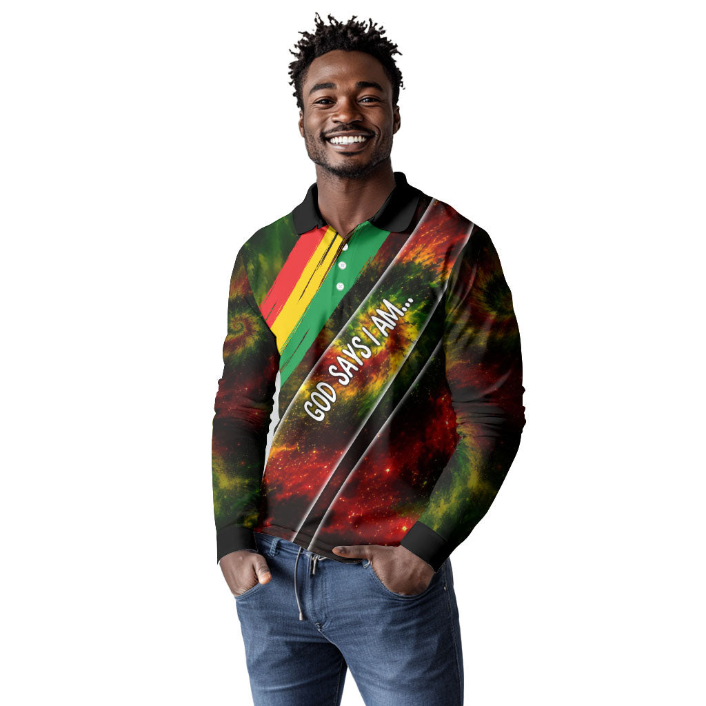 Juneteenth God Says I Am Christian Freedom Long Sleeve Polo Shirt Pan African Flag Colors Tie Dye Galaxy