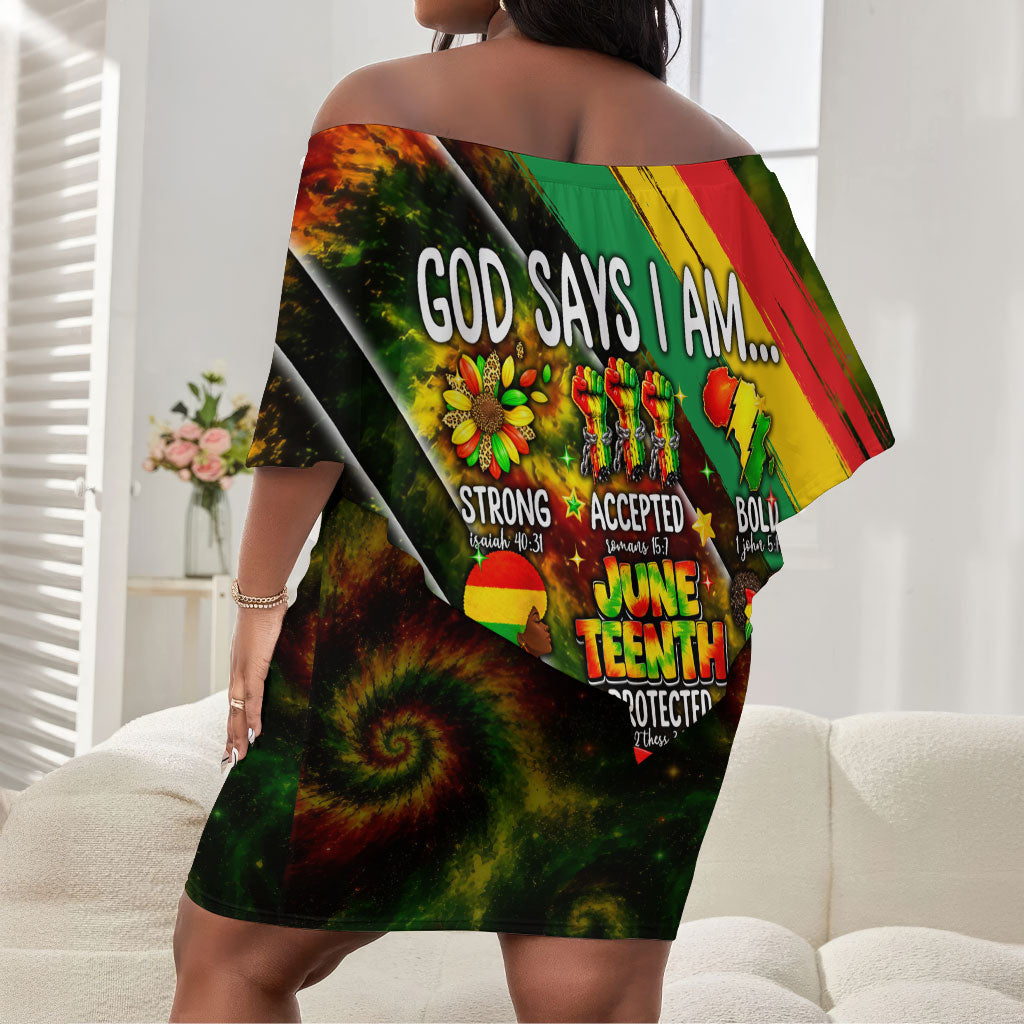 Juneteenth God Says I Am Christian Freedom Off Shoulder Short Dress Pan African Flag Colors Tie Dye Galaxy
