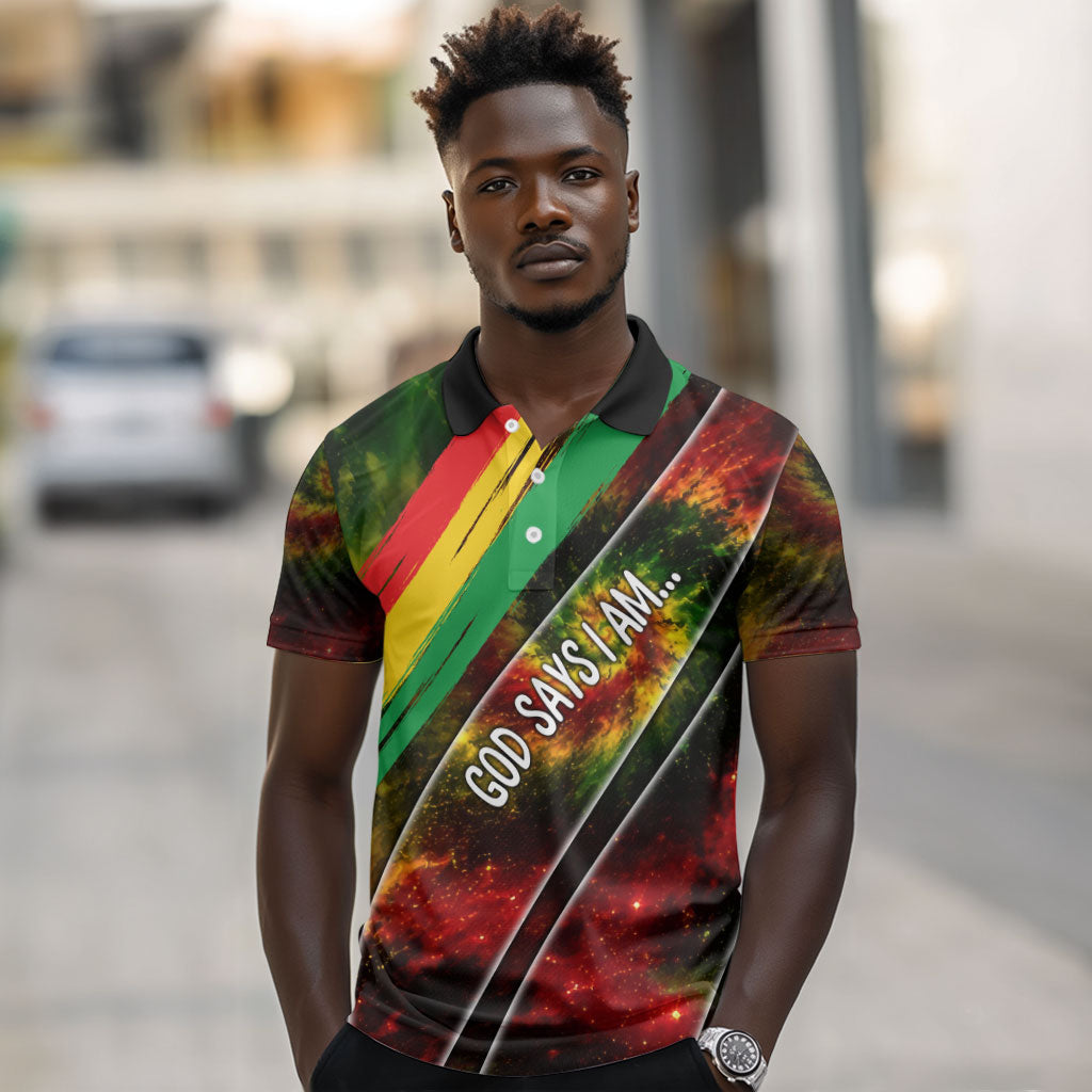 Juneteenth God Says I Am Christian Freedom Polo Shirt Pan African Flag Colors Tie Dye Galaxy