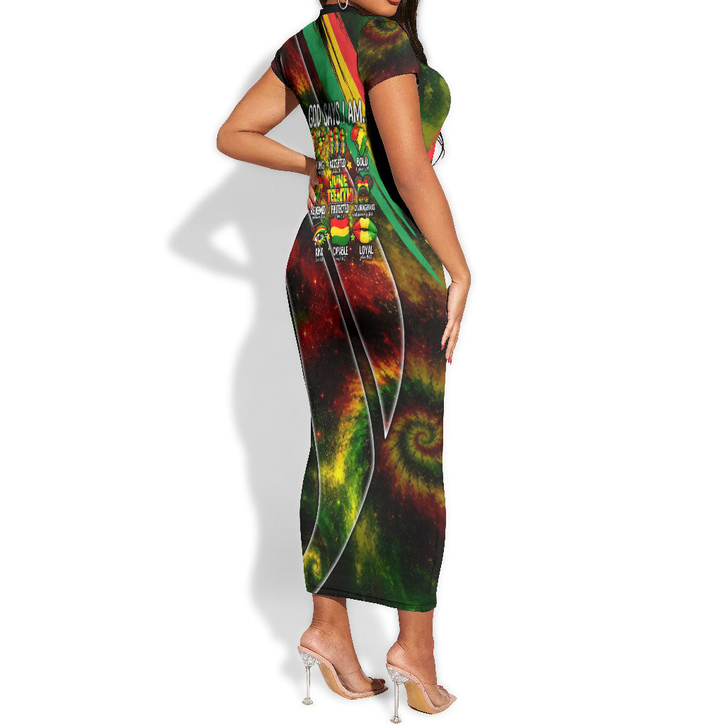Juneteenth God Says I Am Christian Freedom Short Sleeve Bodycon Dress Pan African Flag Colors Tie Dye Galaxy