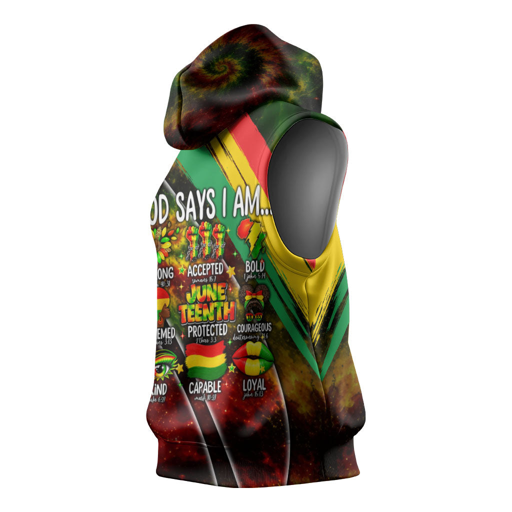 Juneteenth God Says I Am Christian Freedom Sleeveless Hoodie Pan African Flag Colors Tie Dye Galaxy