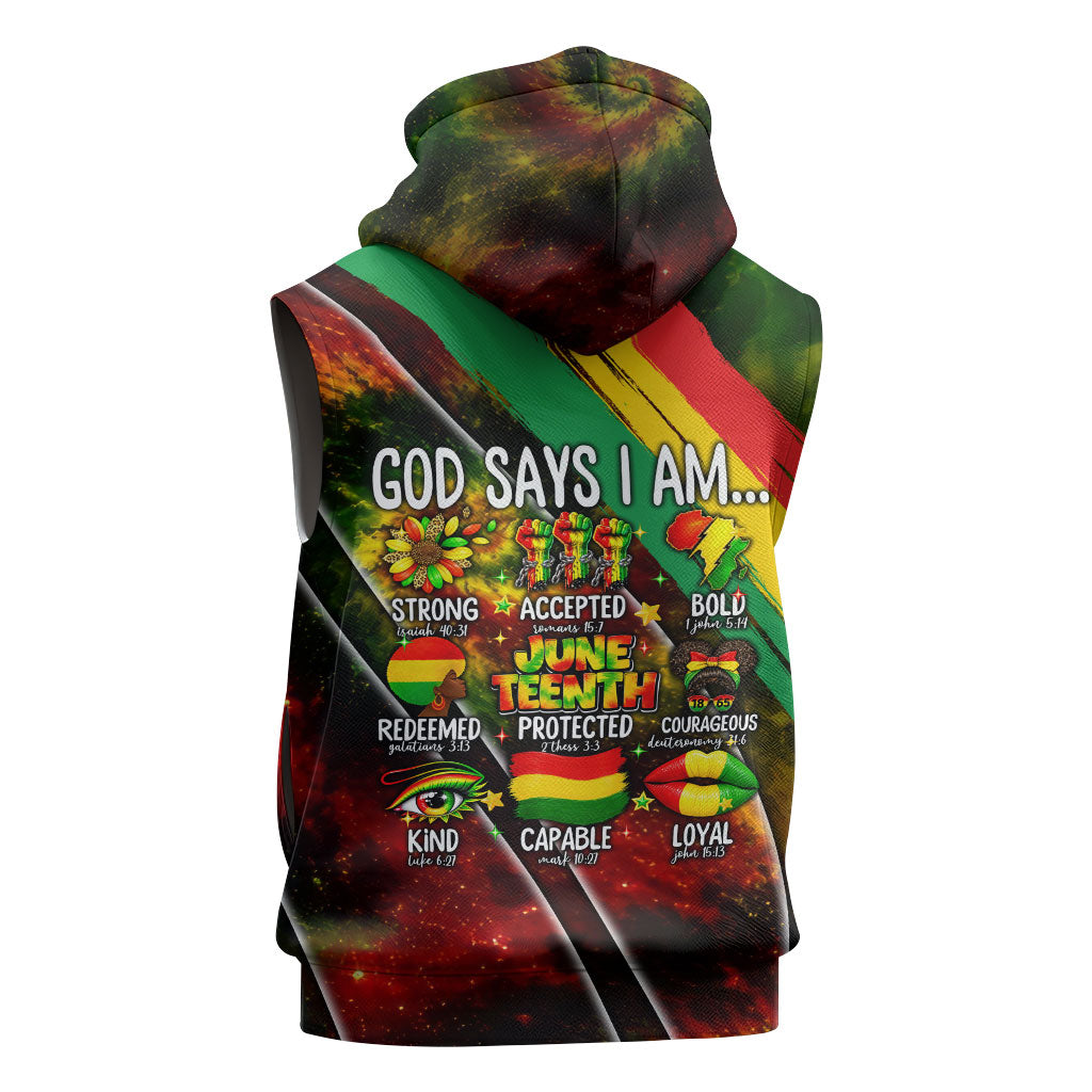 Juneteenth God Says I Am Christian Freedom Sleeveless Zip Hoodie Pan African Flag Colors Tie Dye Galaxy
