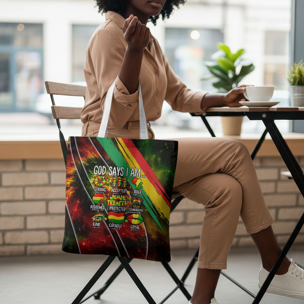 Juneteenth God Says I Am Christian Freedom Tote Bag Pan African Flag Colors Tie Dye Galaxy