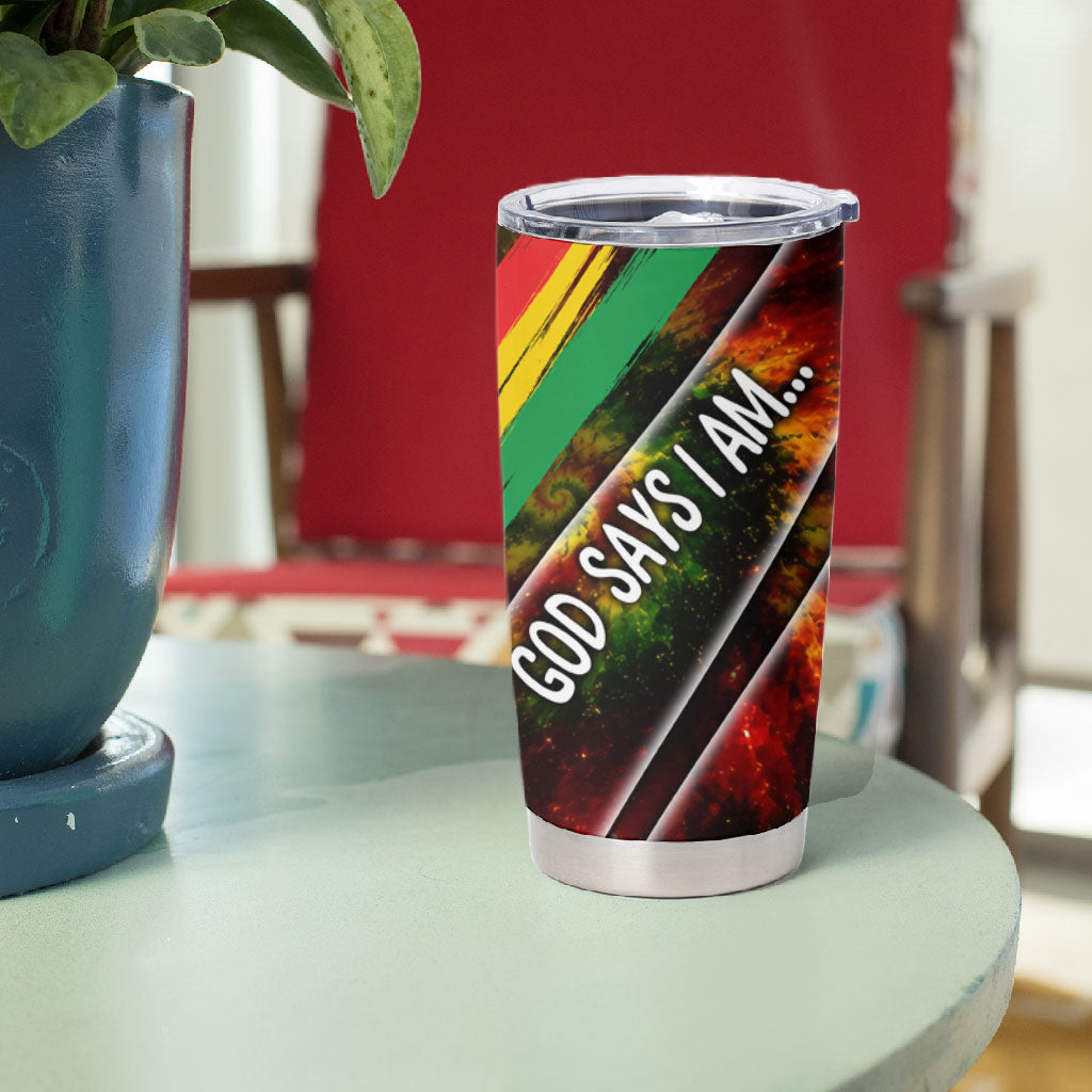 Juneteenth God Says I Am Christian Freedom Tumbler Cup Pan African Flag Colors Tie Dye Galaxy