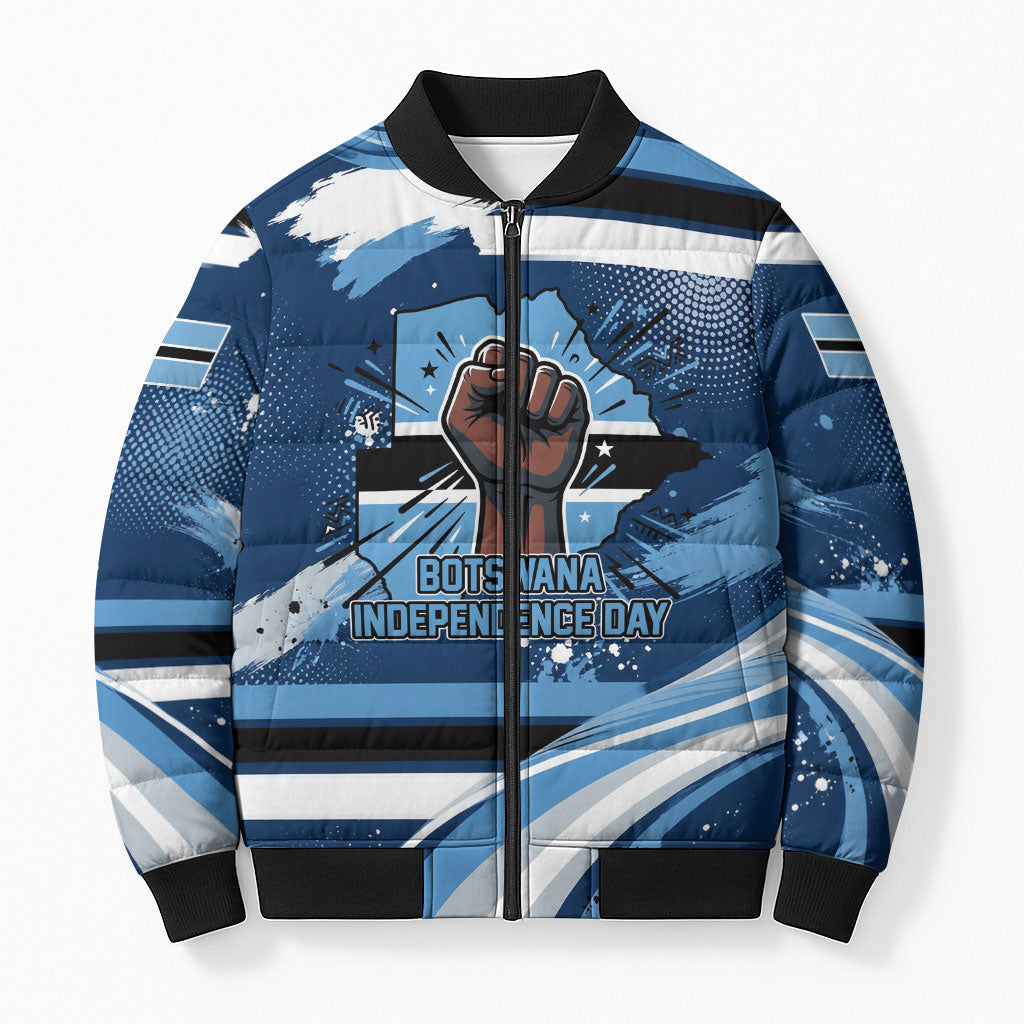 Botswana Independence Day Bomber Puffer Jacket Raised Fist Map Graphic With National Coat Of Arms
