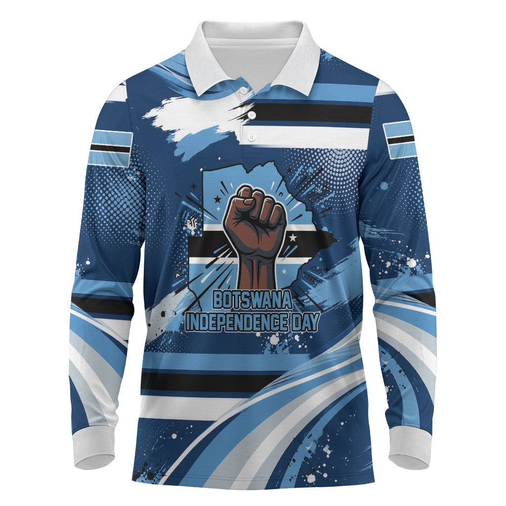 Botswana Independence Day Long Sleeve Polo Shirt Raised Fist Map Graphic With National Coat Of Arms