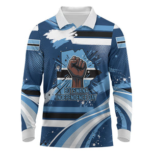 Botswana Independence Day Long Sleeve Polo Shirt Raised Fist Map Graphic With National Coat Of Arms