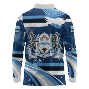 Botswana Independence Day Long Sleeve Polo Shirt Raised Fist Map Graphic With National Coat Of Arms