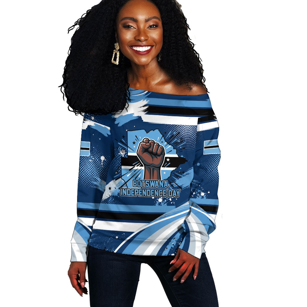 Botswana Independence Day Off Shoulder Sweater Raised Fist Map Graphic With National Coat Of Arms
