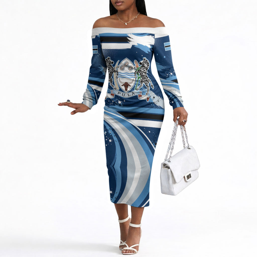 Botswana Independence Day Off The Shoulder Long Sleeve Dress Raised Fist Map Graphic With National Coat Of Arms