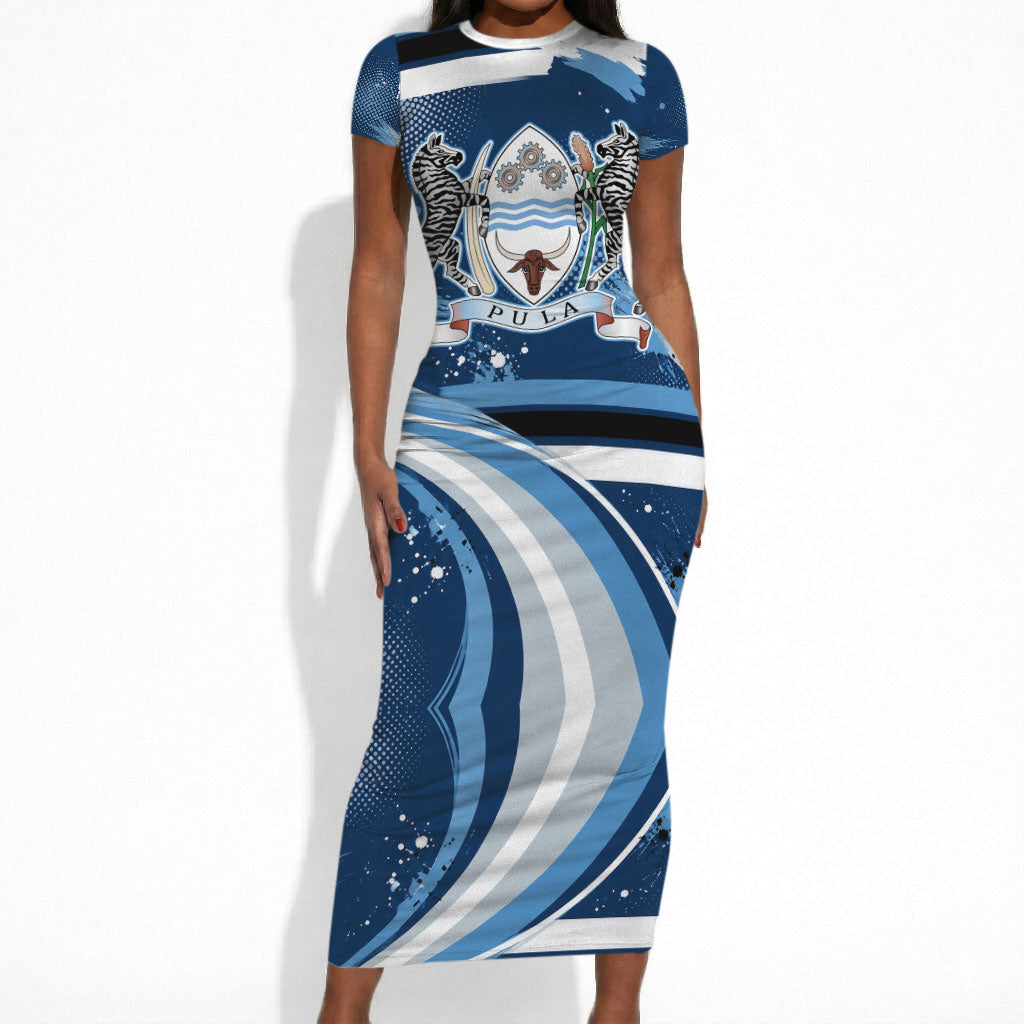 Botswana Independence Day Short Sleeve Bodycon Dress Raised Fist Map Graphic With National Coat Of Arms