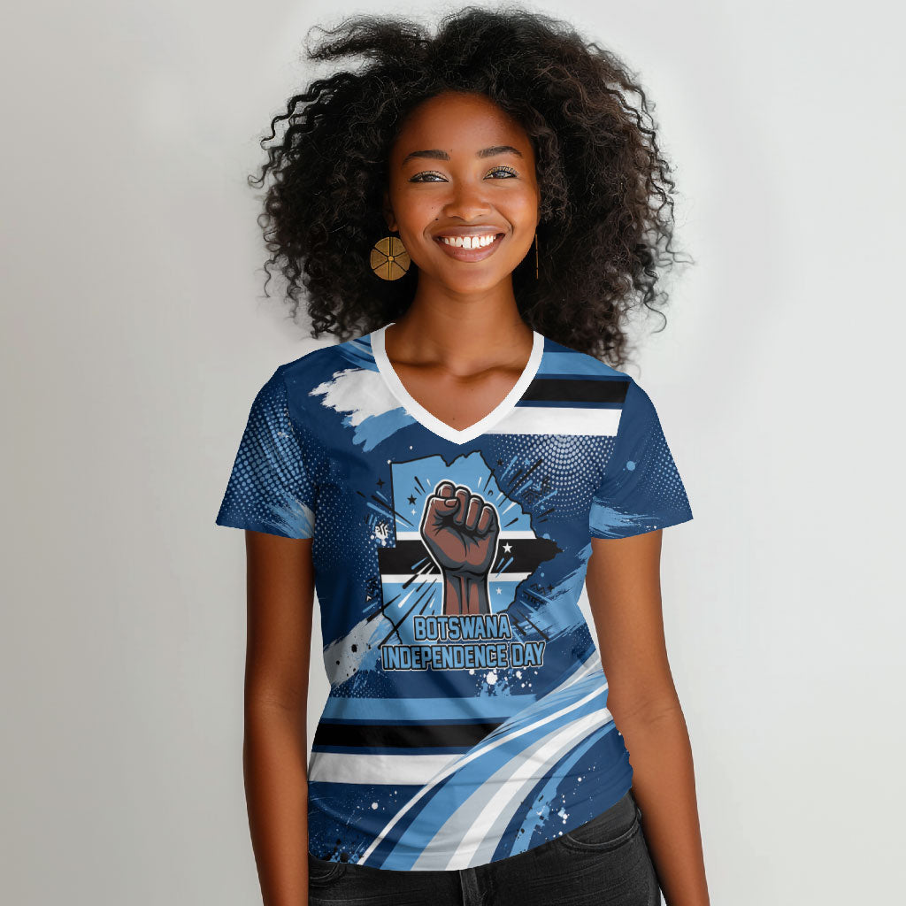 Botswana Independence Day Women V-Neck T-Shirt Raised Fist Map Graphic With National Coat Of Arms