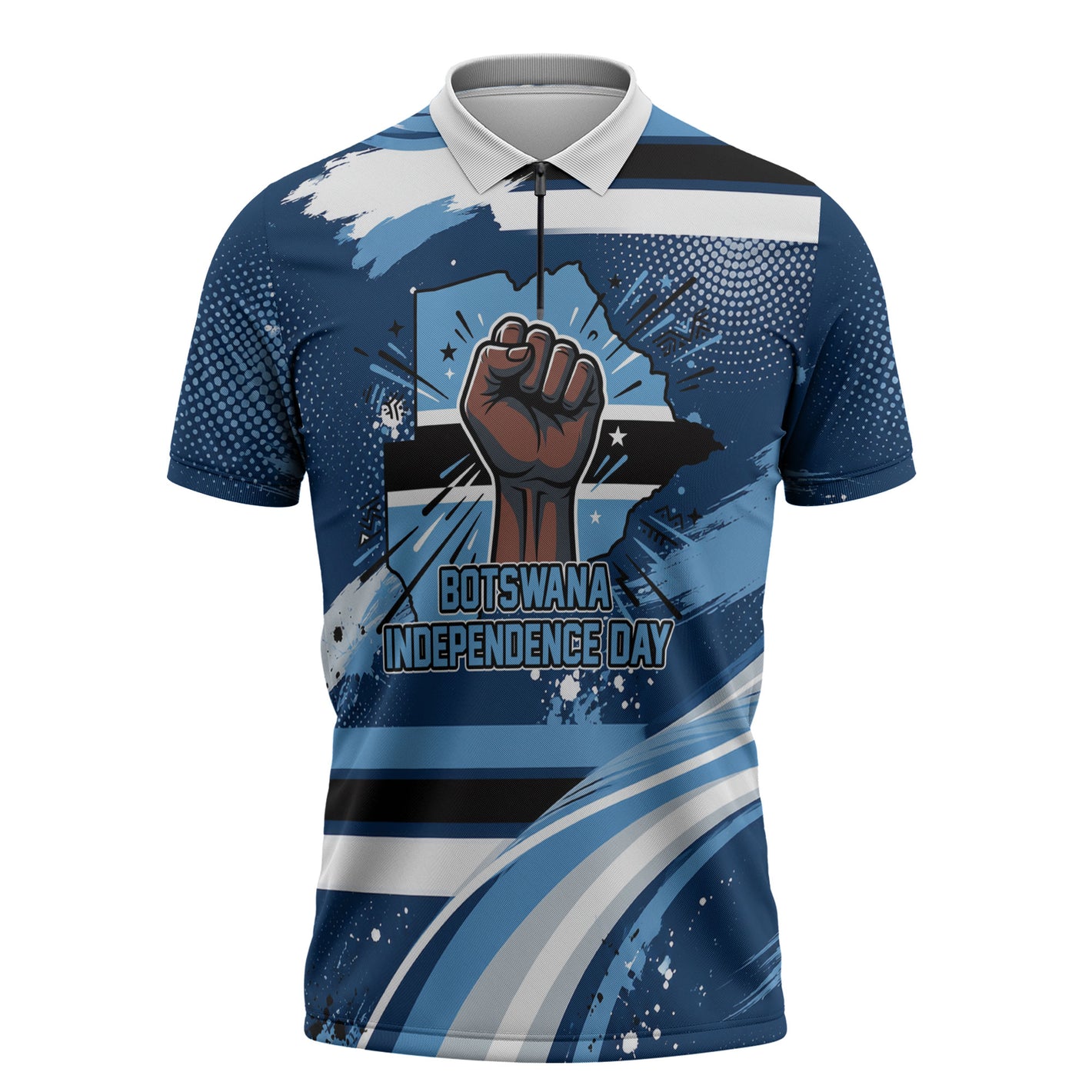 Botswana Independence Day Zipper Polo Shirt Raised Fist Map Graphic With National Coat Of Arms