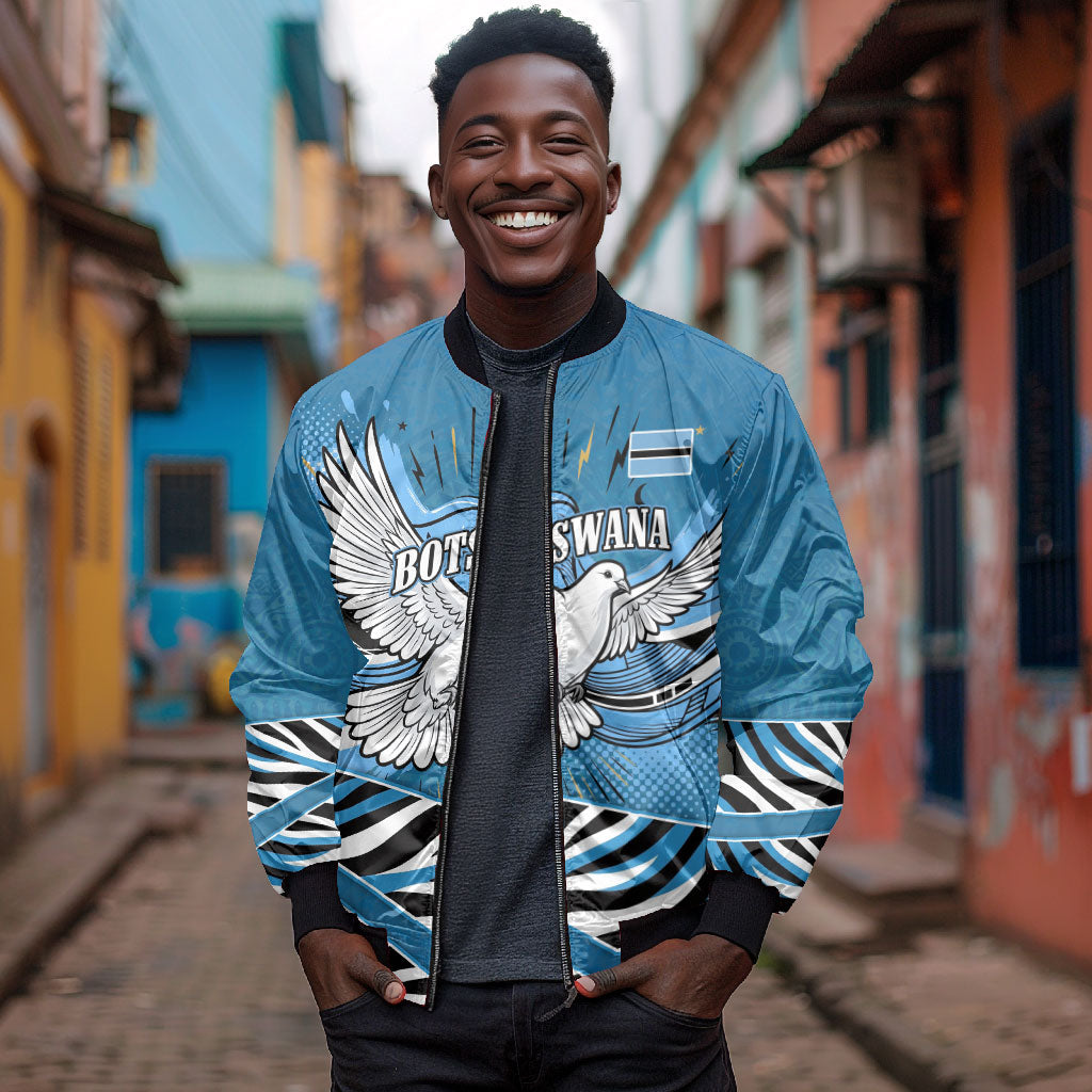Botswana Independence Day Bomber Jacket Flying Dove Graphic Zebra Portrait Flag Map