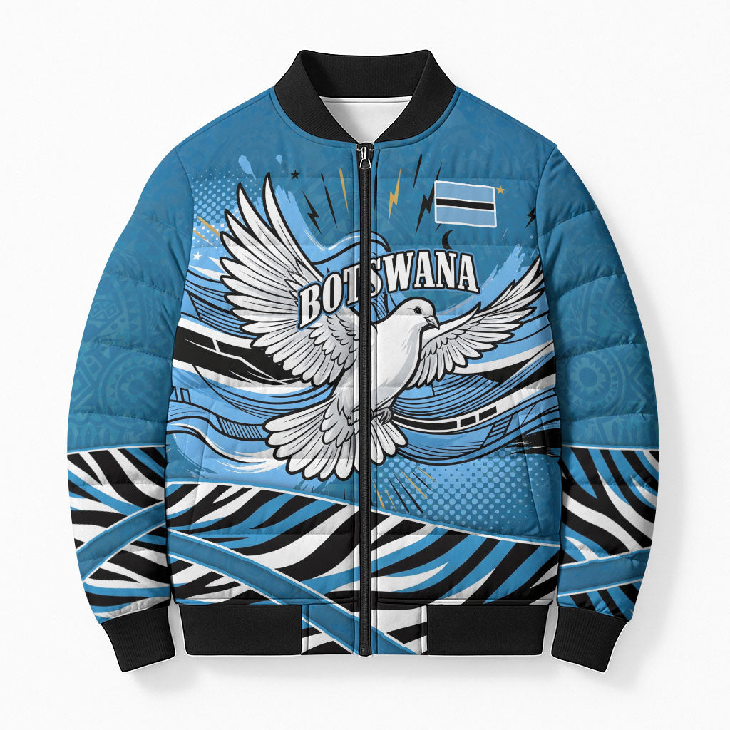 Botswana Independence Day Bomber Puffer Jacket Flying Dove Graphic Zebra Portrait Flag Map