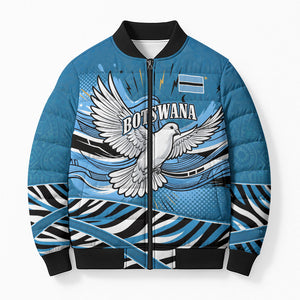 Botswana Independence Day Bomber Puffer Jacket Flying Dove Graphic Zebra Portrait Flag Map