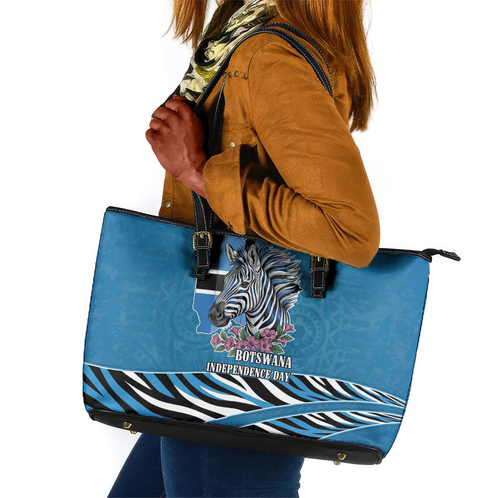 Botswana Independence Day Leather Tote Bag Flying Dove Graphic Zebra Portrait Flag Map