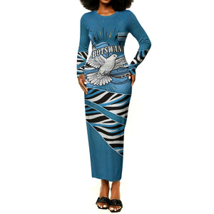 Botswana Independence Day Long Sleeve Bodycon Dress Flying Dove Graphic Zebra Portrait Flag Map