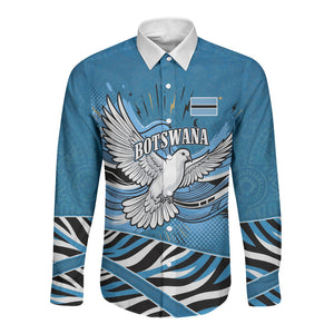 Botswana Independence Day Long Sleeve Button Shirt Flying Dove Graphic Zebra Portrait Flag Map