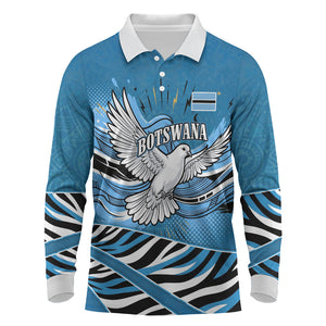 Botswana Independence Day Long Sleeve Polo Shirt Flying Dove Graphic Zebra Portrait Flag Map