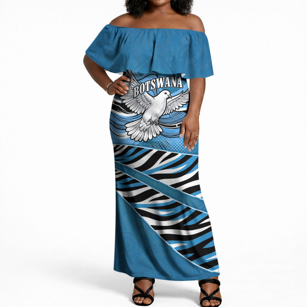 Botswana Independence Day Off Shoulder Maxi Dress Flying Dove Graphic Zebra Portrait Flag Map