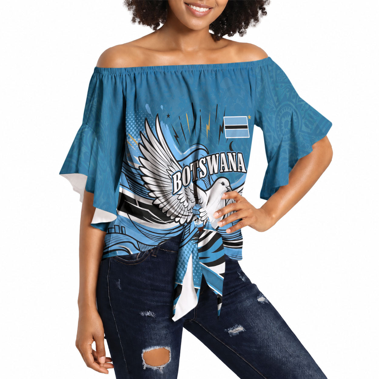 Botswana Independence Day Off Shoulder Wrap Waist Top Flying Dove Graphic Zebra Portrait Flag Map