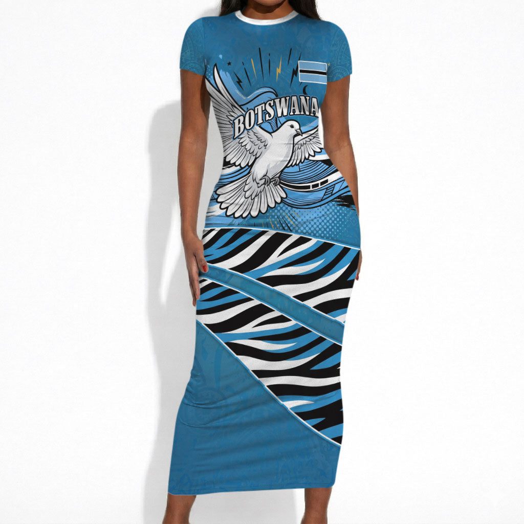 Botswana Independence Day Short Sleeve Bodycon Dress Flying Dove Graphic Zebra Portrait Flag Map