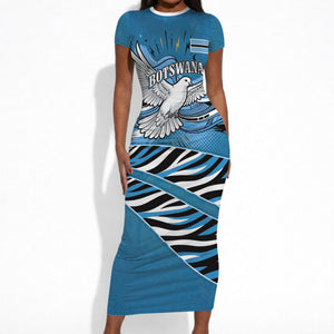 Botswana Independence Day Short Sleeve Bodycon Dress Flying Dove Graphic Zebra Portrait Flag Map