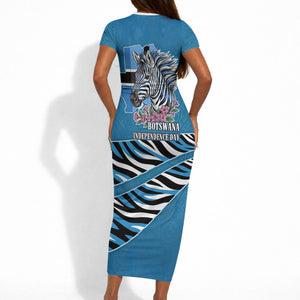 Botswana Independence Day Short Sleeve Bodycon Dress Flying Dove Graphic Zebra Portrait Flag Map