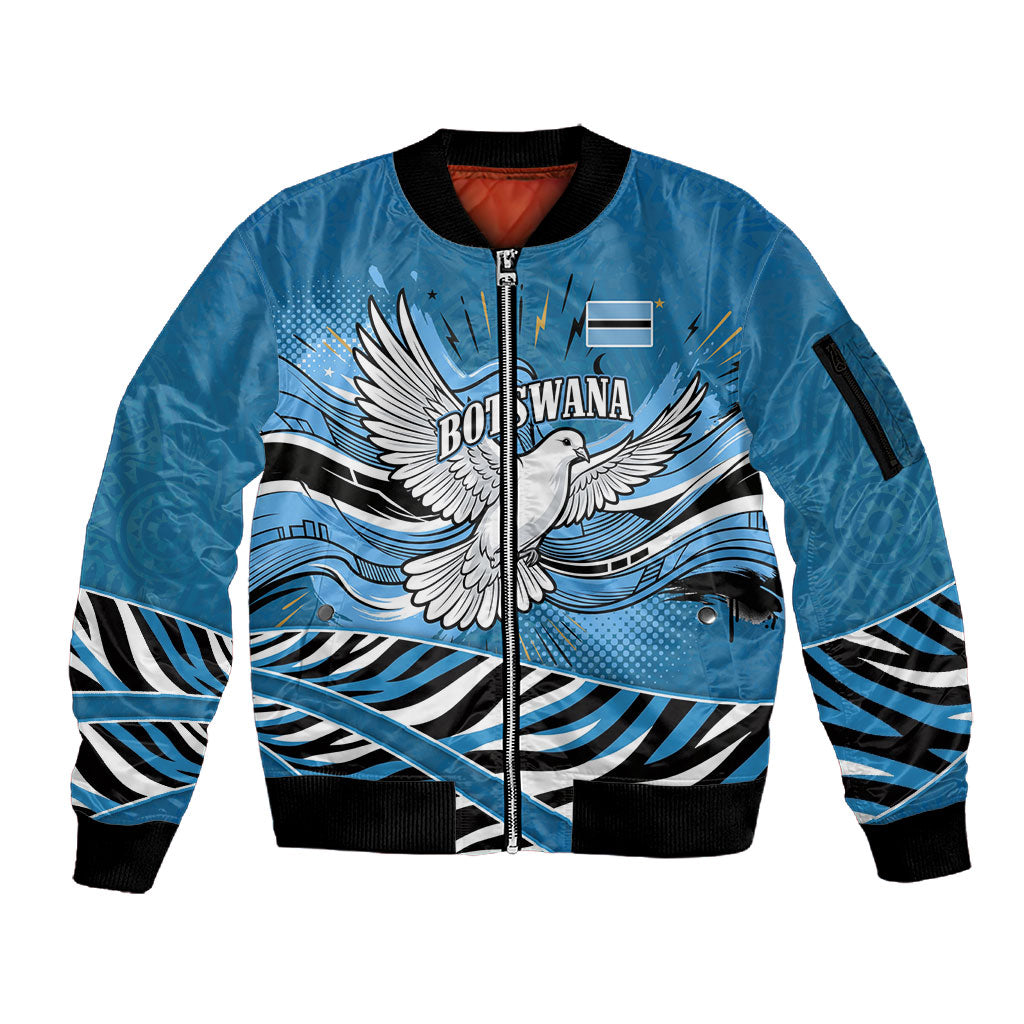 Botswana Independence Day Sleeve Zip Bomber Jacket Flying Dove Graphic Zebra Portrait Flag Map