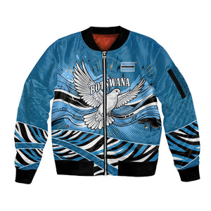 Botswana Independence Day Sleeve Zip Bomber Jacket Flying Dove Graphic Zebra Portrait Flag Map