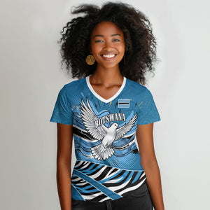 Botswana Independence Day Women V-Neck T-Shirt Flying Dove Graphic Zebra Portrait Flag Map