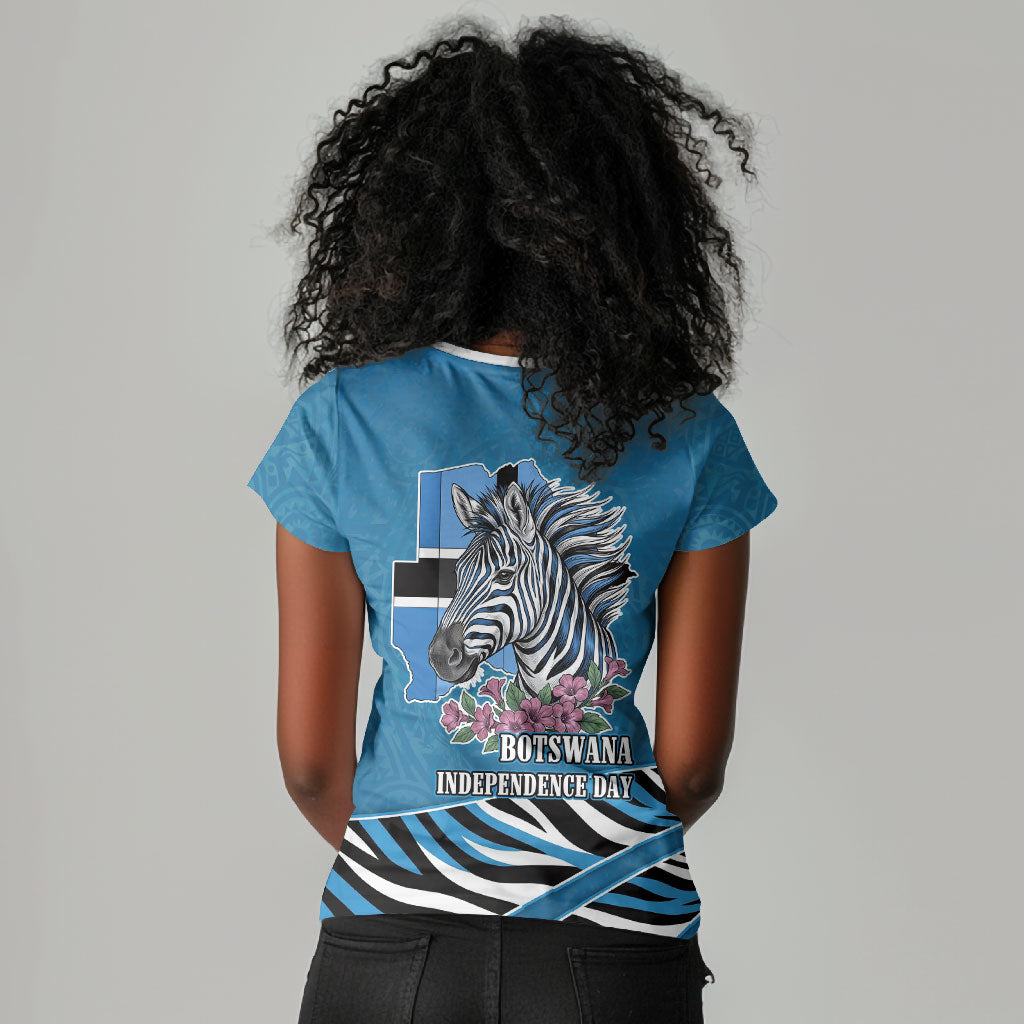 Botswana Independence Day Women V-Neck T-Shirt Flying Dove Graphic Zebra Portrait Flag Map