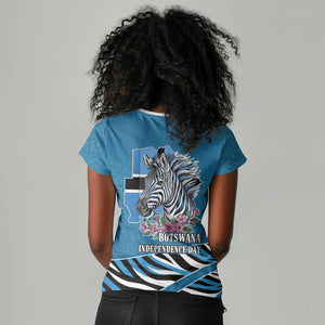 Botswana Independence Day Women V-Neck T-Shirt Flying Dove Graphic Zebra Portrait Flag Map