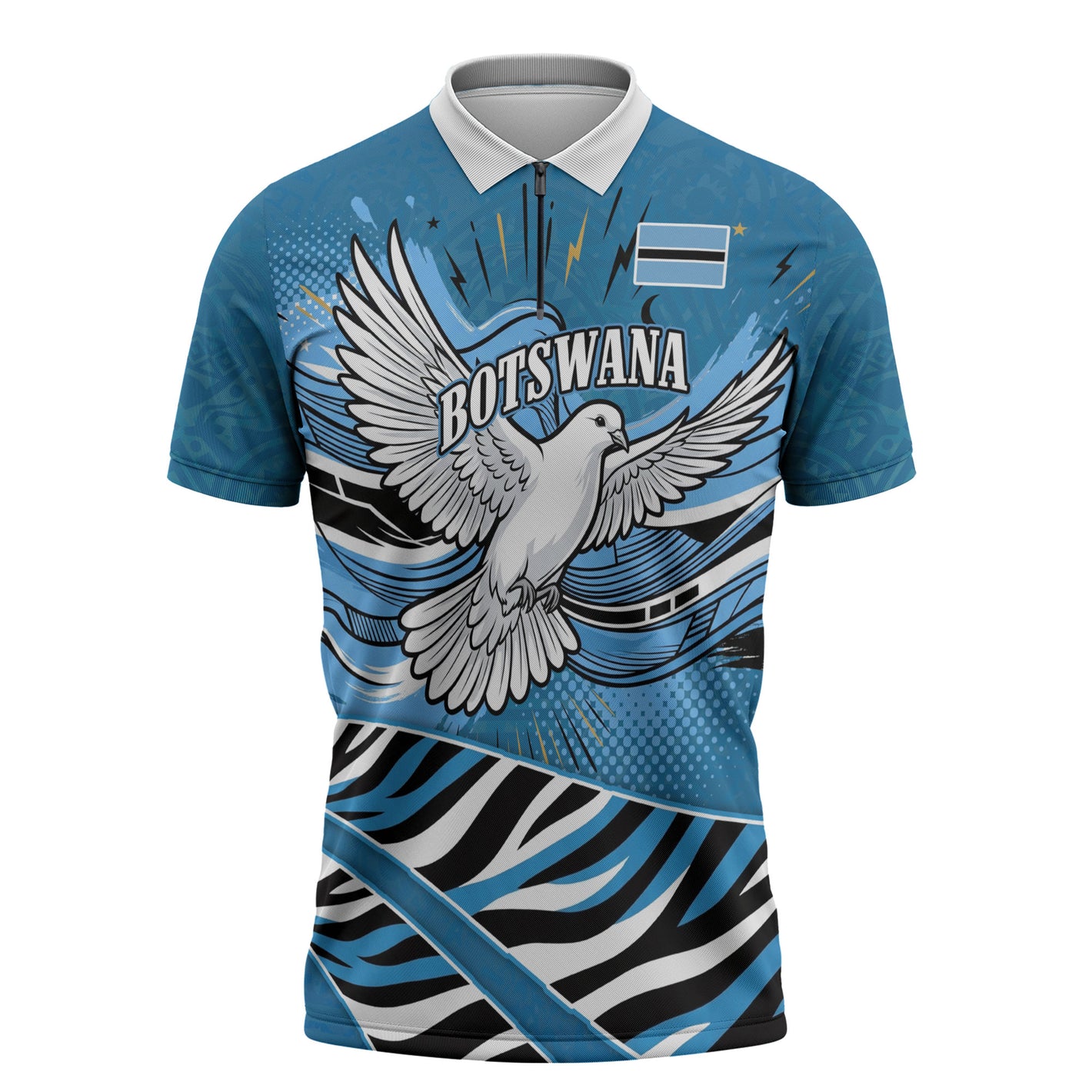 Botswana Independence Day Zipper Polo Shirt Flying Dove Graphic Zebra Portrait Flag Map