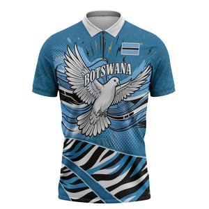 Botswana Independence Day Zipper Polo Shirt Flying Dove Graphic Zebra Portrait Flag Map