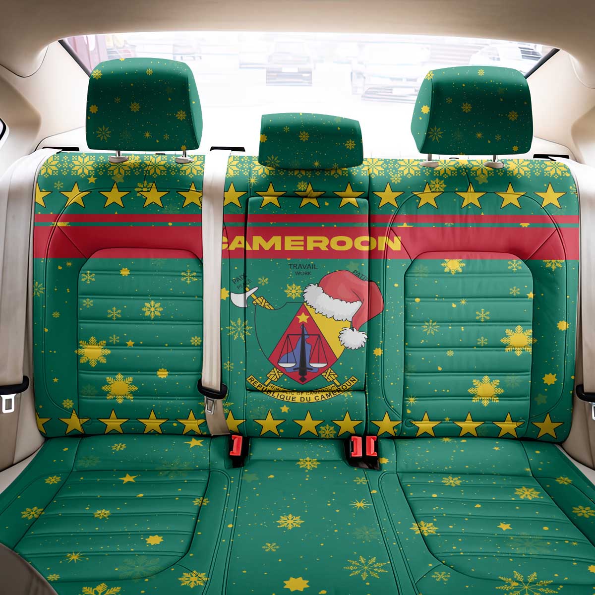 Cameroon Christmas Back Car Seat Cover Coat of Arms Santa Hat and Stars Motif - African Pride
