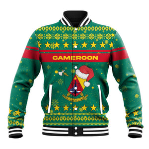Cameroon Christmas Baseball Jacket Coat of Arms Santa Hat and Stars Motif - African Pride