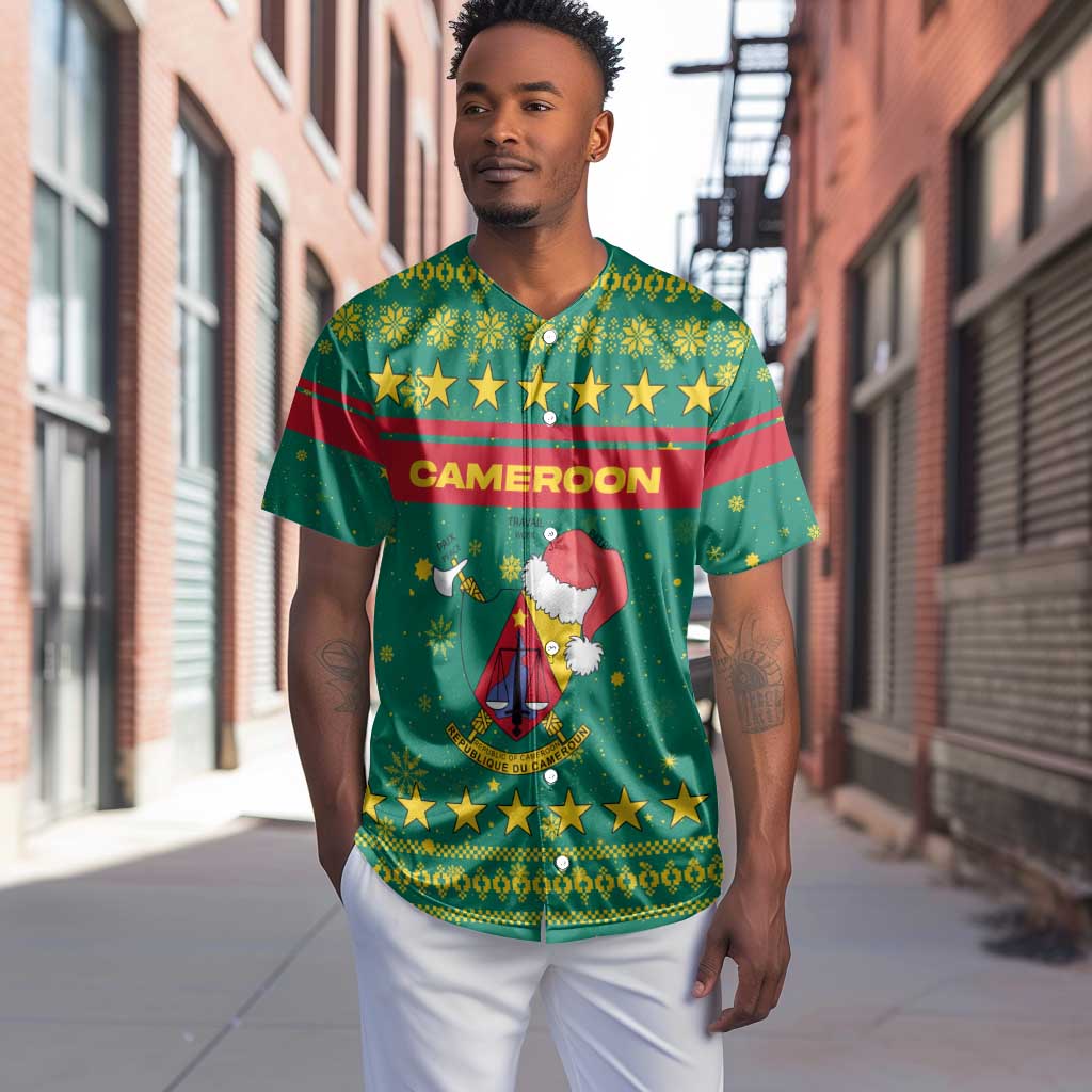 Cameroon Christmas Baseball Jersey Coat of Arms Santa Hat and Stars Motif - African Pride