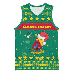 Cameroon Christmas Basketball Jersey Coat of Arms Santa Hat and Stars Motif - African Pride