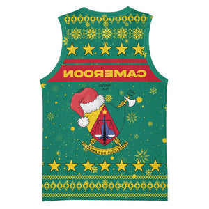 Cameroon Christmas Basketball Jersey Coat of Arms Santa Hat and Stars Motif - African Pride