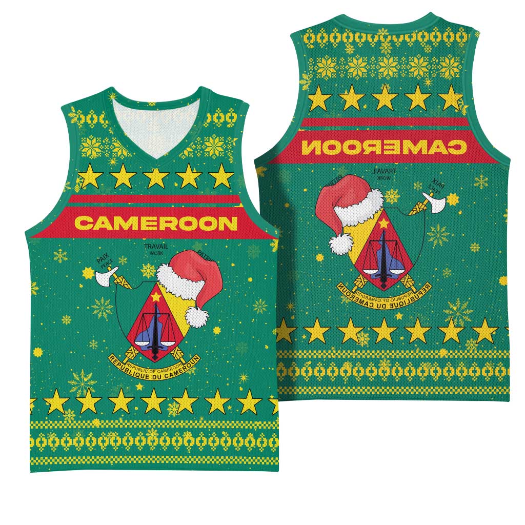 Cameroon Christmas Basketball Jersey Coat of Arms Santa Hat and Stars Motif - African Pride