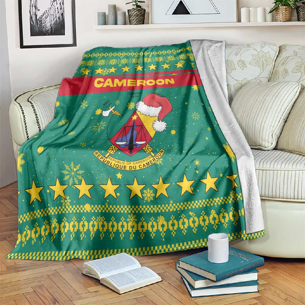 Cameroon Christmas Blanket Coat of Arms Santa Hat and Stars Motif - African Pride