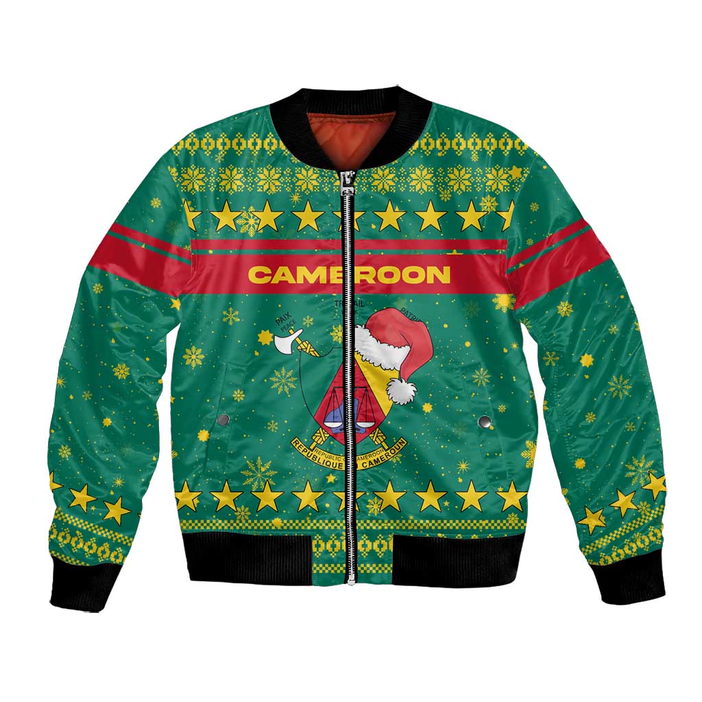 Cameroon Christmas Bomber Jacket Coat of Arms Santa Hat and Stars Motif - African Pride