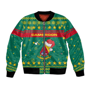 Cameroon Christmas Bomber Jacket Coat of Arms Santa Hat and Stars Motif - African Pride