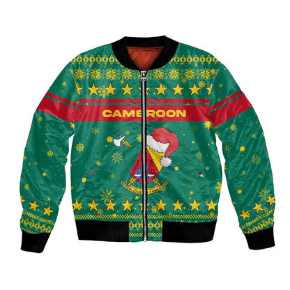 Cameroon Christmas Bomber Jacket Coat of Arms Santa Hat and Stars Motif - African Pride